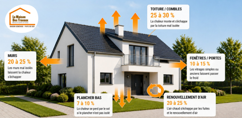 déperditions thermiques maison, rénovation énergétique Bassin Genevois, isolation maison Haute-Savoie, performance énergétique maison, pertes chaleur maison, courtier en travaux rénovation énergétique