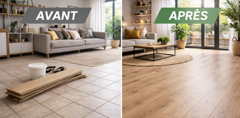 Avant après rénovation d’un sol avec pose d’un parquet stratifié Lyon