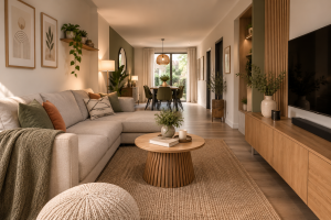 Salon en longueur lumineux avec canapé beige, meuble TV en bois, parquet et espace salle à manger au fond de la pièce.