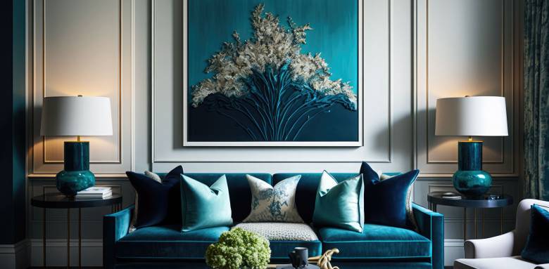 Tendances déco 2024 avec salon à dominante bleue - Nantes 44