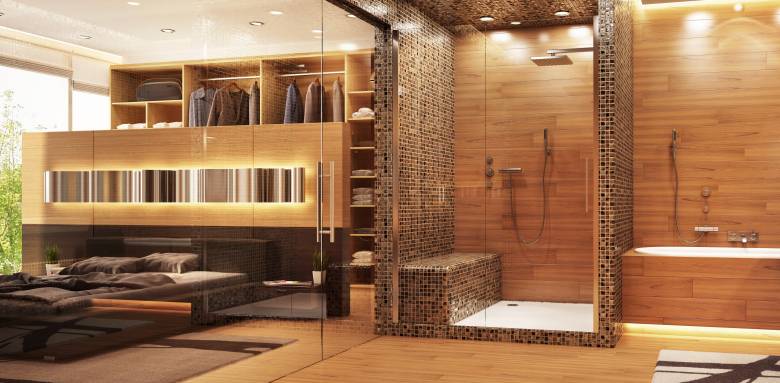 Une salle de bains ouverte avec une verrière de salle de bains.