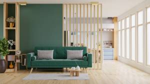 Séjour lumineux avec cloison amovible claustra en bois 