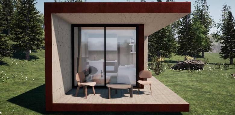 Cabane d'architecte avec terrasse