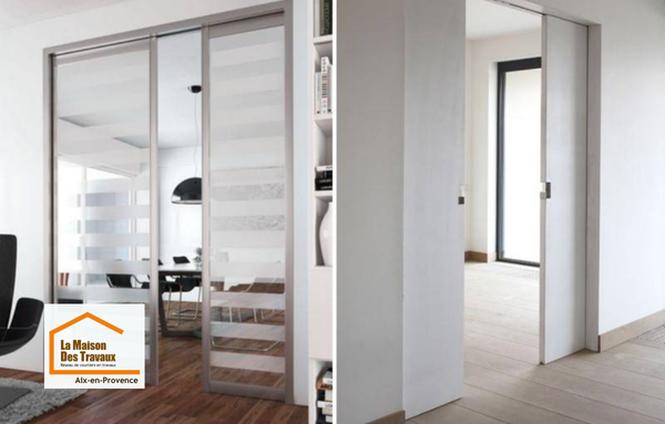 Portes coulissantes facilitant les déplacements dans un logement rénové à Aix-en-Provence. Une solution pratique pour améliorer l’accessibilité et optimiser les circulations.