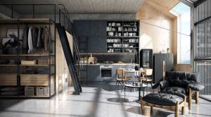 Salon avec bibliothèque style factory