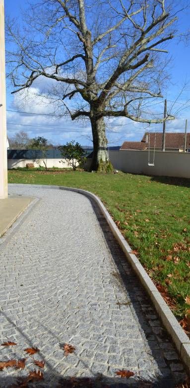 Allée extérieure en pavés bordée