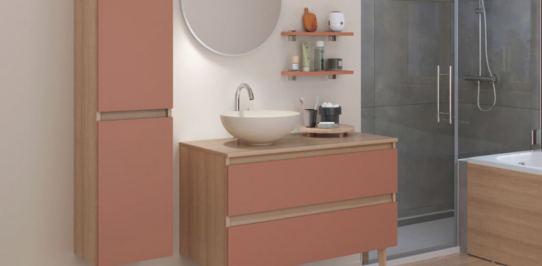 Meuble vasque et rangement assorti, couleur terracotta, Espace Aubade