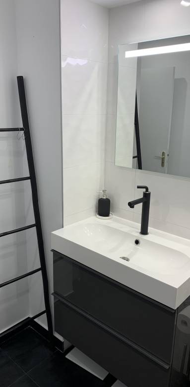 Rangement et optimisation d'espace dans une petite salle de bain parisienne à Paris 8e