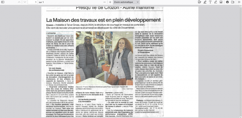 Article Ouest-France Mai 2025 - nouveau partenaire courtier à l'Agence La Maison Des Travaux Crozon
