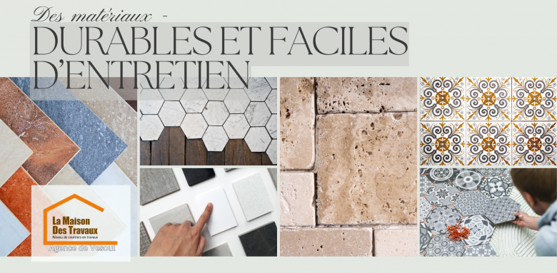 Cette mosaïque d’images met en avant une sélection de matériaux adaptés à une salle de bain durable et facile à entretenir. 