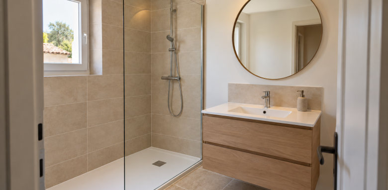 Une salle de bain fonctionnelle aux finitions sobres : un exemple d’aménagement pour préparer votre projet de rénovation.