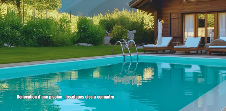 Piscine rénovée dans un jardin de chalet en Haute-Savoie avec transats, verdure et montagnes en arrière-plan, accompagnée du texte "Rénovation d’une piscine : les étapes clés à connaître
