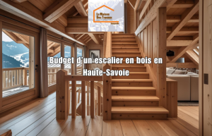 Escalier en bois massif dans un chalet contemporain en Haute-Savoie avec vue sur les montagnes – exemple de réalisation La Maison Des Travaux.