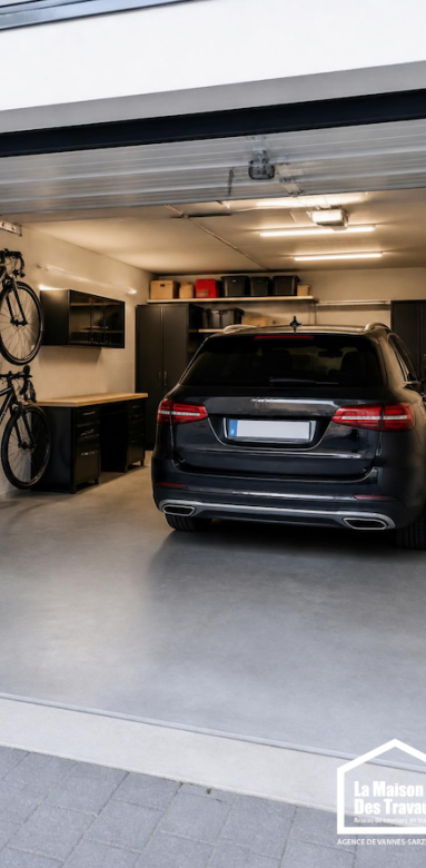 Aménagement intérieur d’un garage avec espaces de rangement
