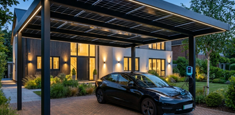 Carport solaire photovoltaïque installé à Carvin pour abriter une voiture et produire de l’électricité