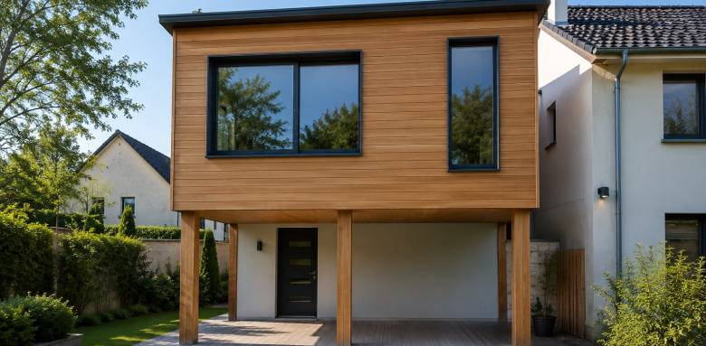 Extension bois sur pilotis vue face arrière 69290 Grézieu-la-Varenne