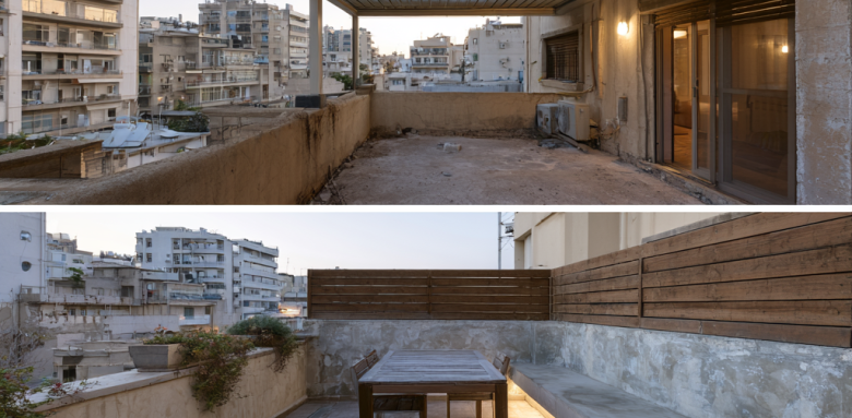 Avant-après d’une terrasse d’appartement rénovée avec pergola bioclimatique, carrelage extérieur, banc maçonné, claustra bois et éclairage intégré.