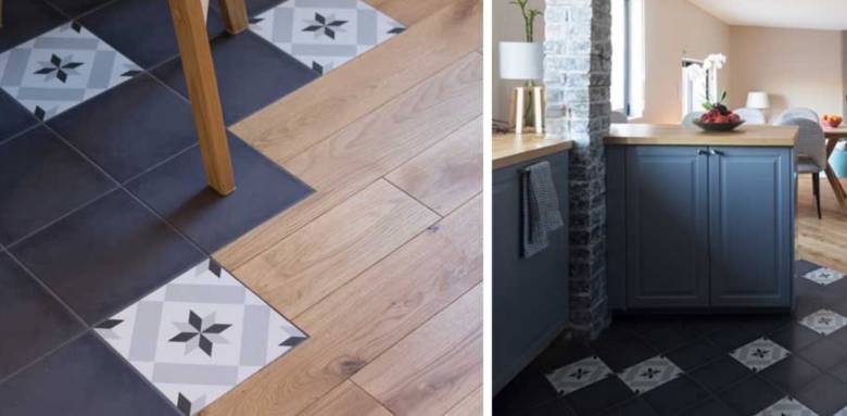 Un sol de cuisine mixte avec parquet et carrelage