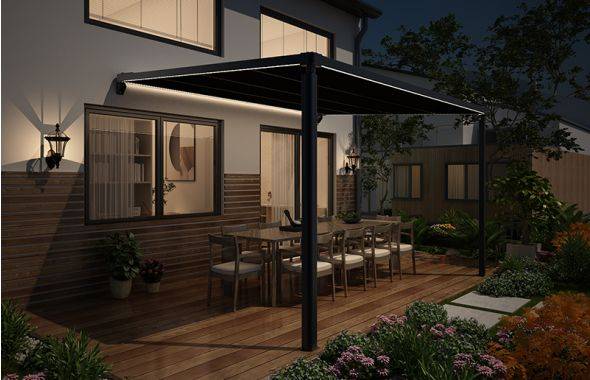 Pergola toile adossée alu noir éclairage Led