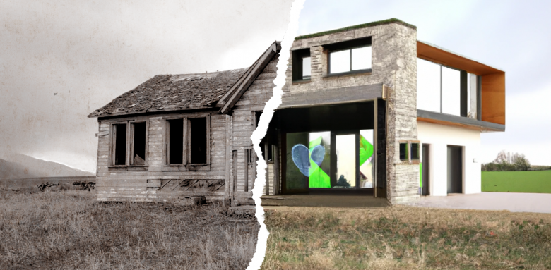 Image générée par une IA d'une rénovation d'une ancienne maison en une maison moderne