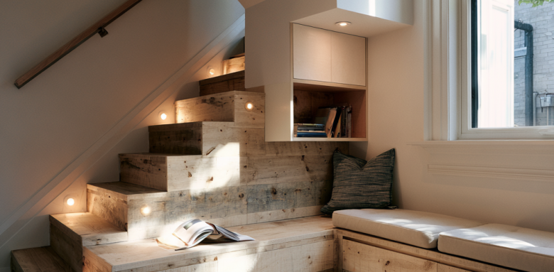 Coin lecture et rangements intégrés sous escalier en bois