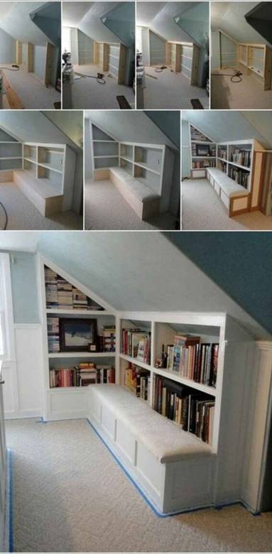 Aménagement combles - bibliothèque et banquette -