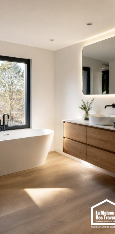 Salle de bain avec sol stratifié imitation bois dans une maison à Vannes