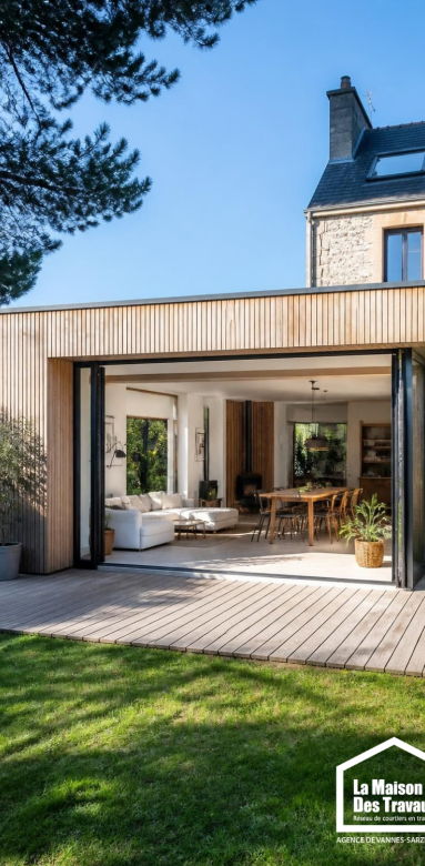 Extension en ossature bois à toit plat sur une maison à Vannes