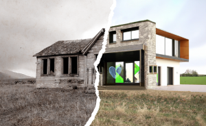 Image générée par une IA d'une rénovation d'une ancienne maison en une maison moderne