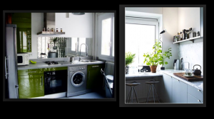 Tablette à mi-hauteur et miroir dans la cuisine