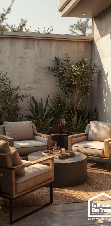 Espace détente extérieur avec mobilier adapté à une terrasse de 12 m²