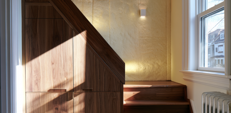 Escalier avec rangements intégrés et finitions bois foncé sur mesure