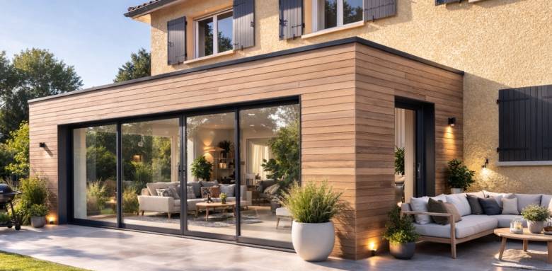 Extension de maison latérale bardage bois