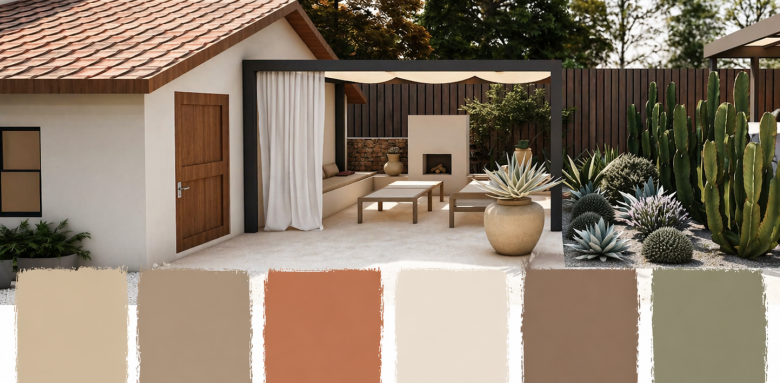 palette de couleurs terrasse 2026 sable argile terracotta crème brun doux et vert sauge