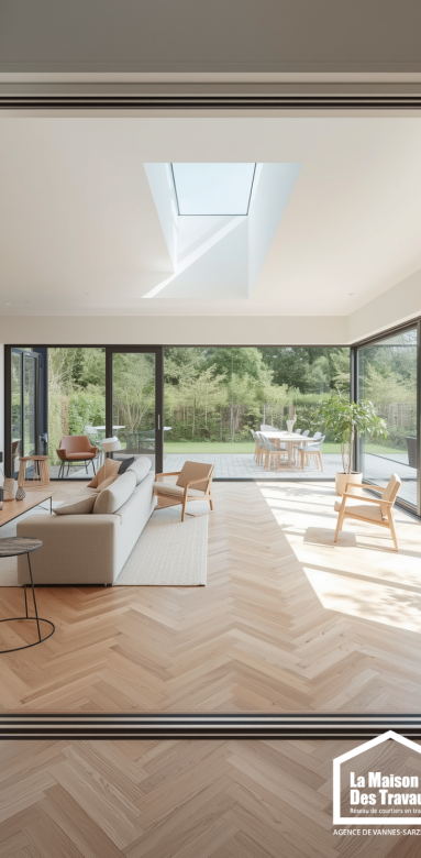 Vue intérieure d'une extension de maison avec grandes baies vitrées, parquet clair et décoration moderne.