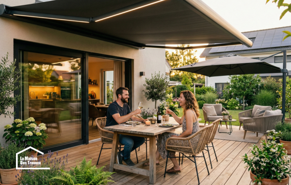 Aménagement d'une terrasse en bois avec mobilier moderne et éclairage extérieur 