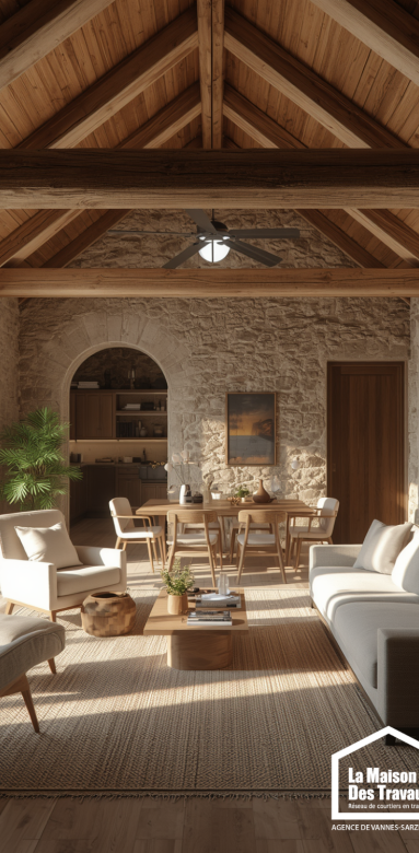 Intérieur rénové conservant les poutres et le charme de l'ancien