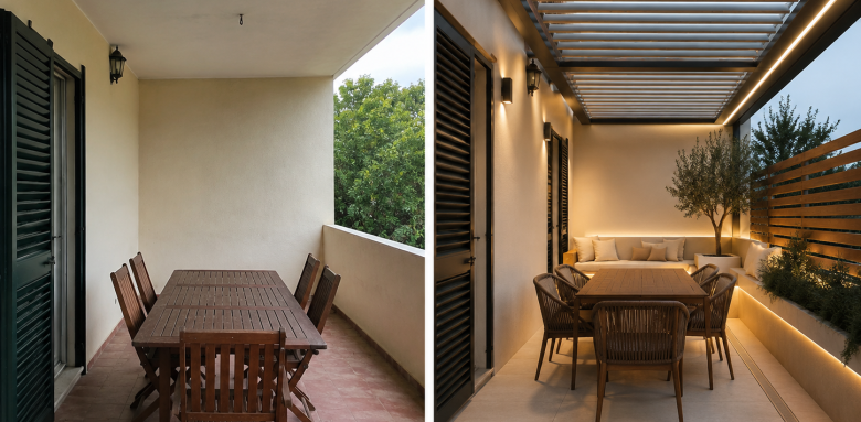 Avant/après d'une terrasse rénovée avec pergola bioclimatique en aluminium, carrelage extérieur antidérapant, banc maçonné, brise-vue en bois et éclairage intégré.