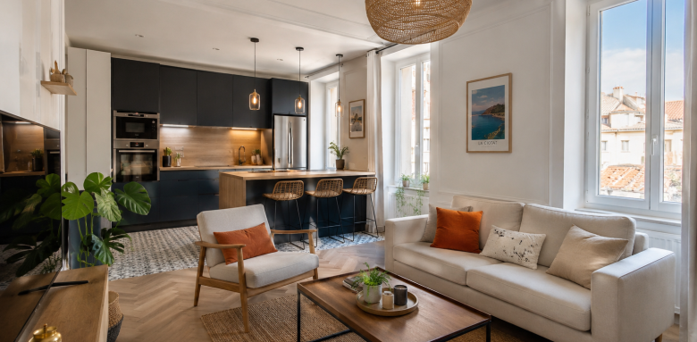 Salon rénové dans un appartement à La Ciotat après travaux