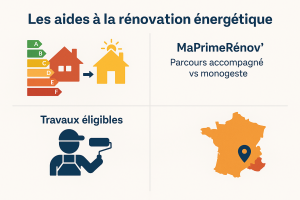 Infographie sur les aides à la rénovation énergétique : MaPrimeRénov’, travaux éligibles, parcours accompagné vs monogeste, localisation dans le Var.