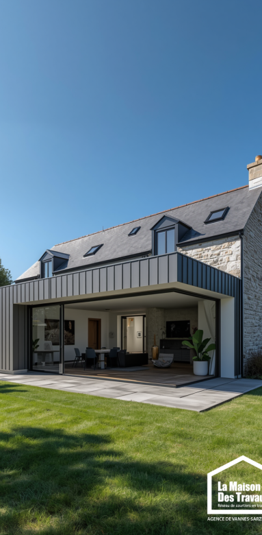 Vue panoramique d'une maison traditionnelle rénovée avec son extension contemporaine à toit plat en bac acier visible.