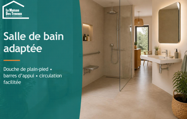 Salle de bain adaptée à Marmande avec douche de plain-pied, barre d’appui et circulation facilitée pour davantage de sécurité au quotidien.