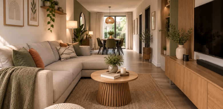 Salon en longueur lumineux avec canapé beige, meuble TV en bois, parquet et espace salle à manger au fond de la pièce.