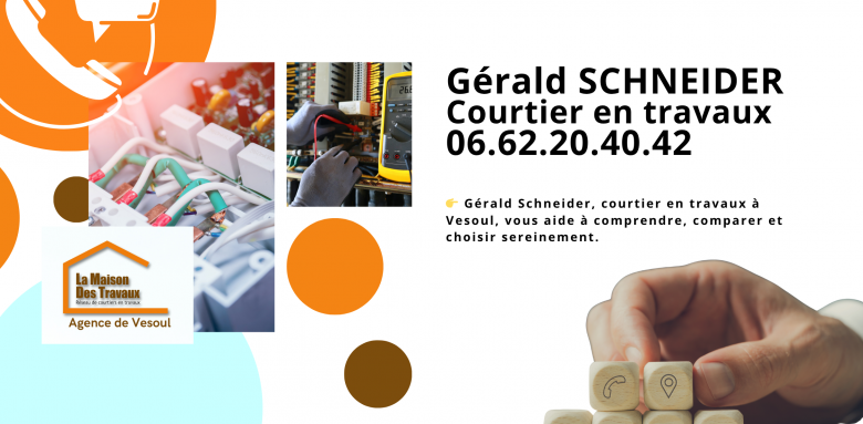Faites appel à Gérald Schneider, courtier en travaux à Vesoul, pour une rénovation électrique sereine et accompagnée par des artisans qualifiés.