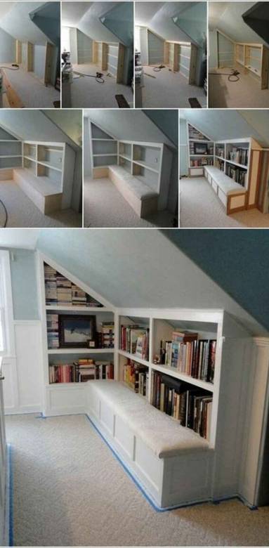 Aménagement combles - bibliothèque et banquette -