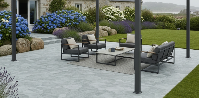 Grès cérame en terrasse avec pergola