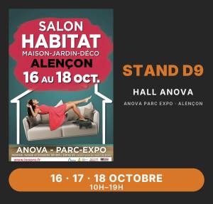 Affiche du Salon Habitat d'Alençon 2026 et stand D9 de La Maison des Travaux