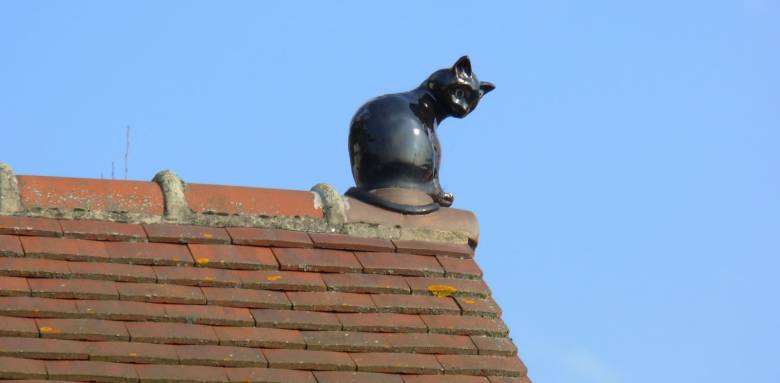 Chat de faîtage en céramique sur toiture tuilée
