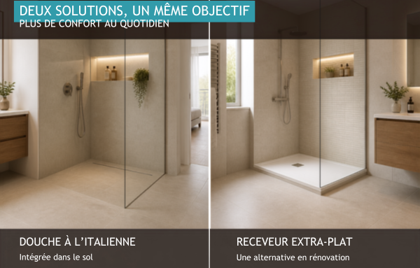 Comparatif entre douche italienne et receveur extra-plat pour choisir la solution adaptée à votre rénovation de salle de bain à Agen.