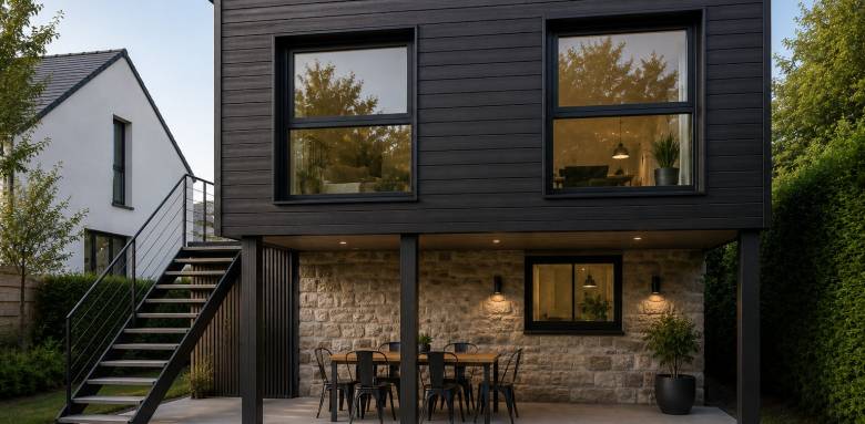 Extension bois sur pilotis avec bardage bois foncé 69290 Grézieu-la-Varenne
